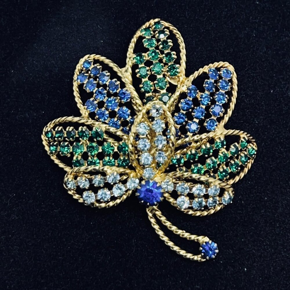 Vintage Hobe Gold Tone, Blue And Green Domed Leaf Brooch Signed (5474)